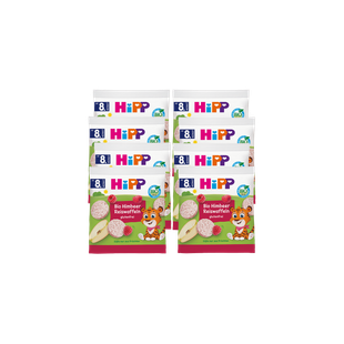 Acht Packungen HiPP Bio Himbeer Reiswaffeln ab 8 Monaten, glutenfrei, mit fruchtigem Design und Tiger-Maskottchen auf der Vorderseite