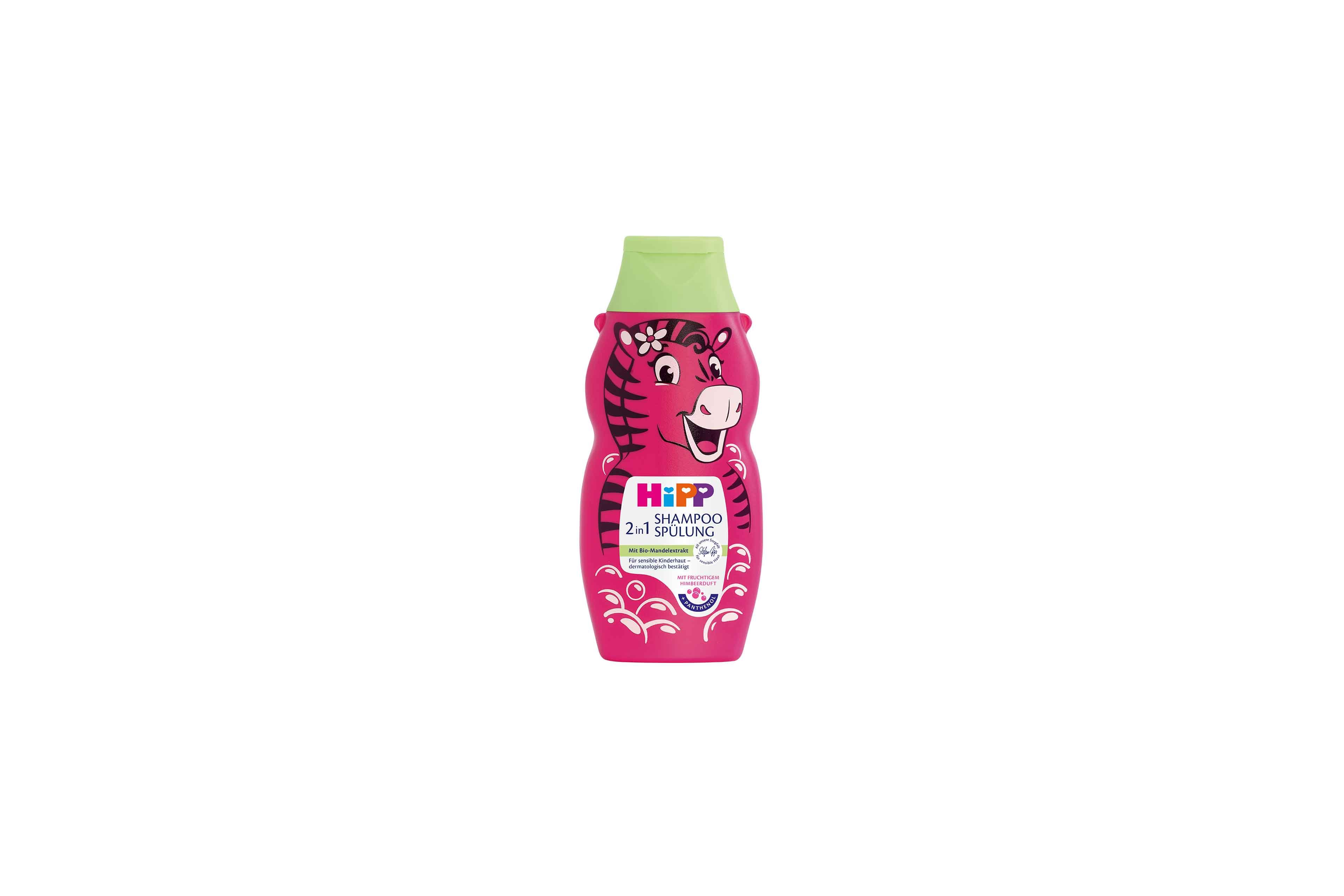 HiPP Shampoo & Spülung 2 in 1 mit Bio-Mandelextrakt in pinker Zebra-Flasche, 300 ml