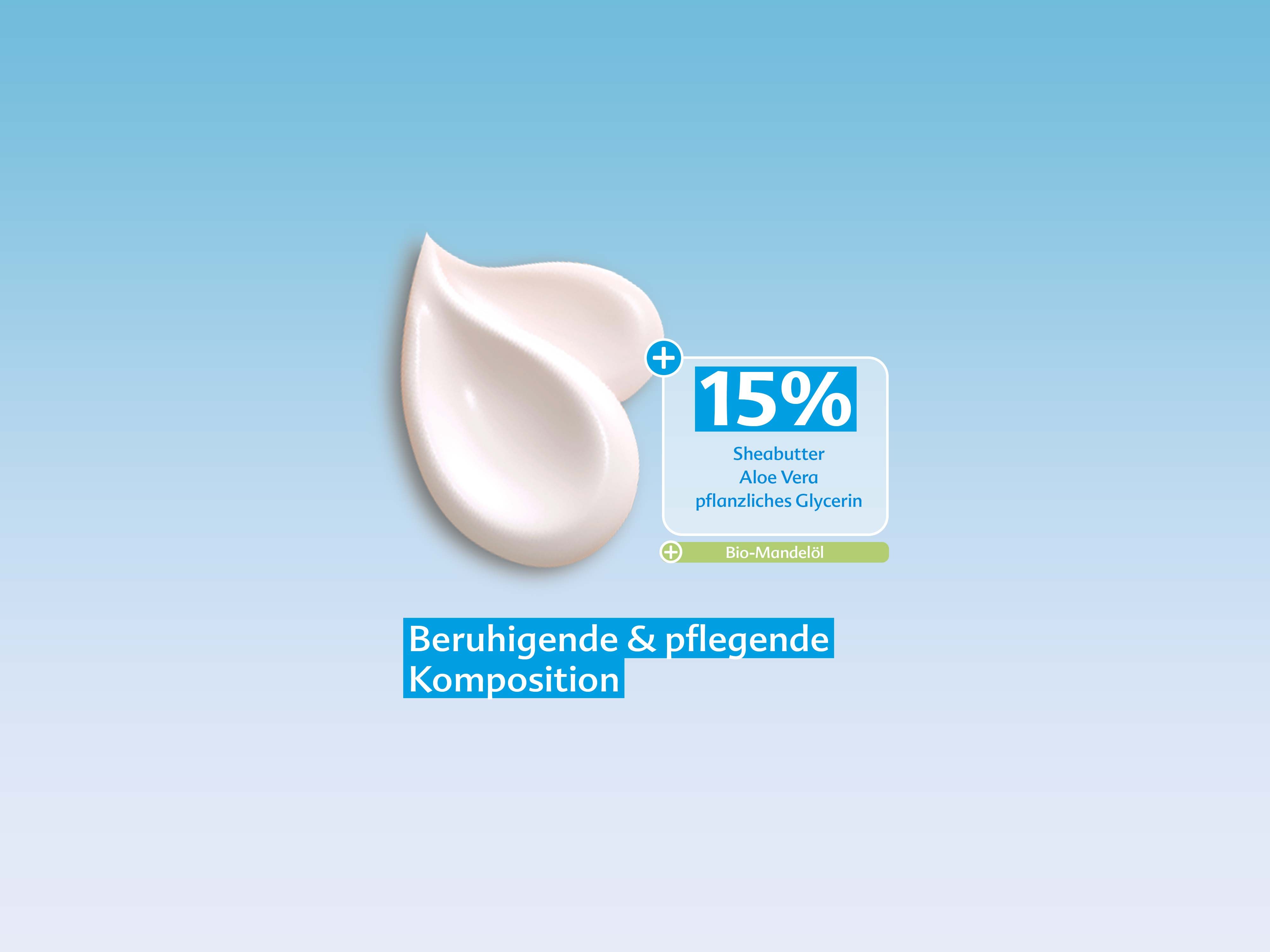 Cremetropfen auf blauem Hintergrund mit Text: „15 % Sheabutter, Aloe Vera, pflanzliches Glycerin + Bio-Mandelöl – beruhigende & pflegende Komposition“