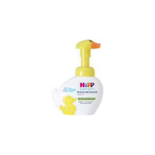 HiPP Babysanft Waschschaum Sensitiv in weiß-gelber Entenflasche mit Pumpspender für zarte Babyhaut