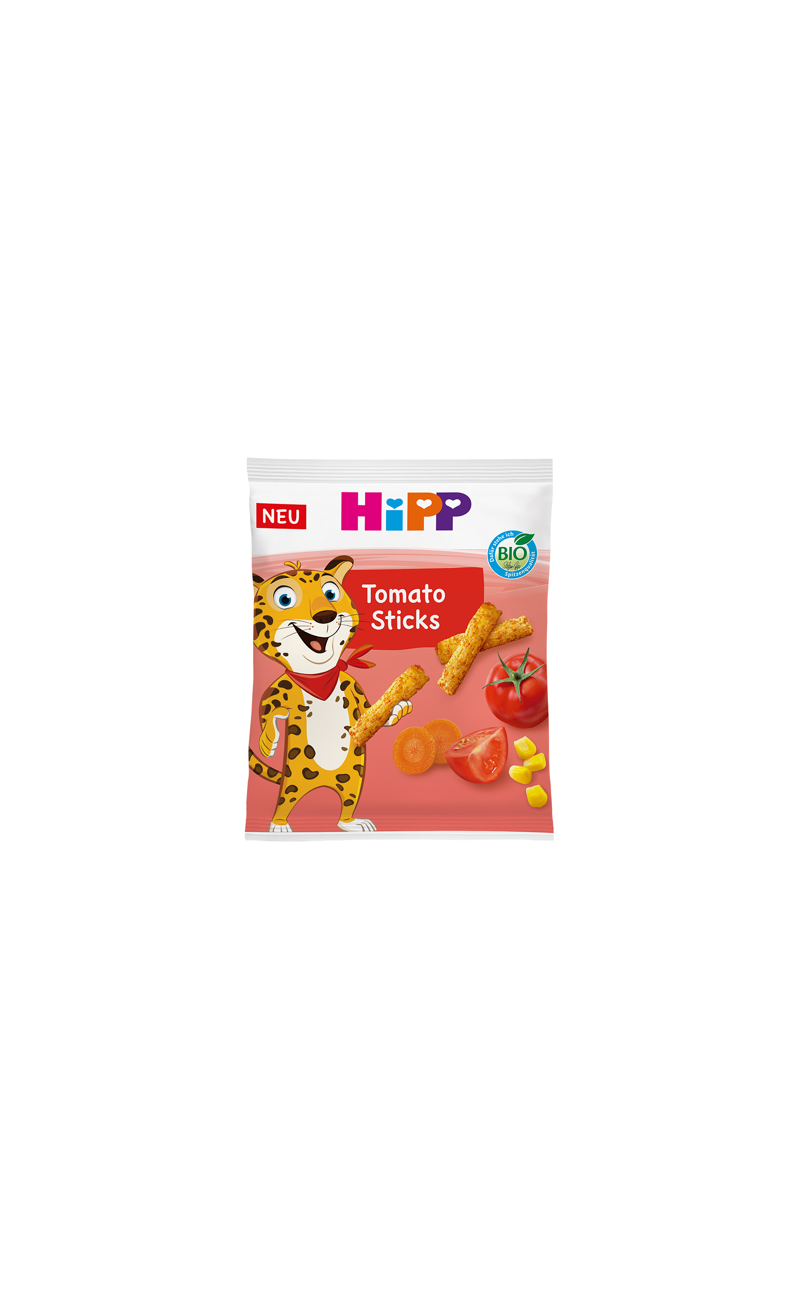 Packung HiPP Bio Tomato Sticks mit Tomaten, knusprigen Sticks und Leopardenfigur