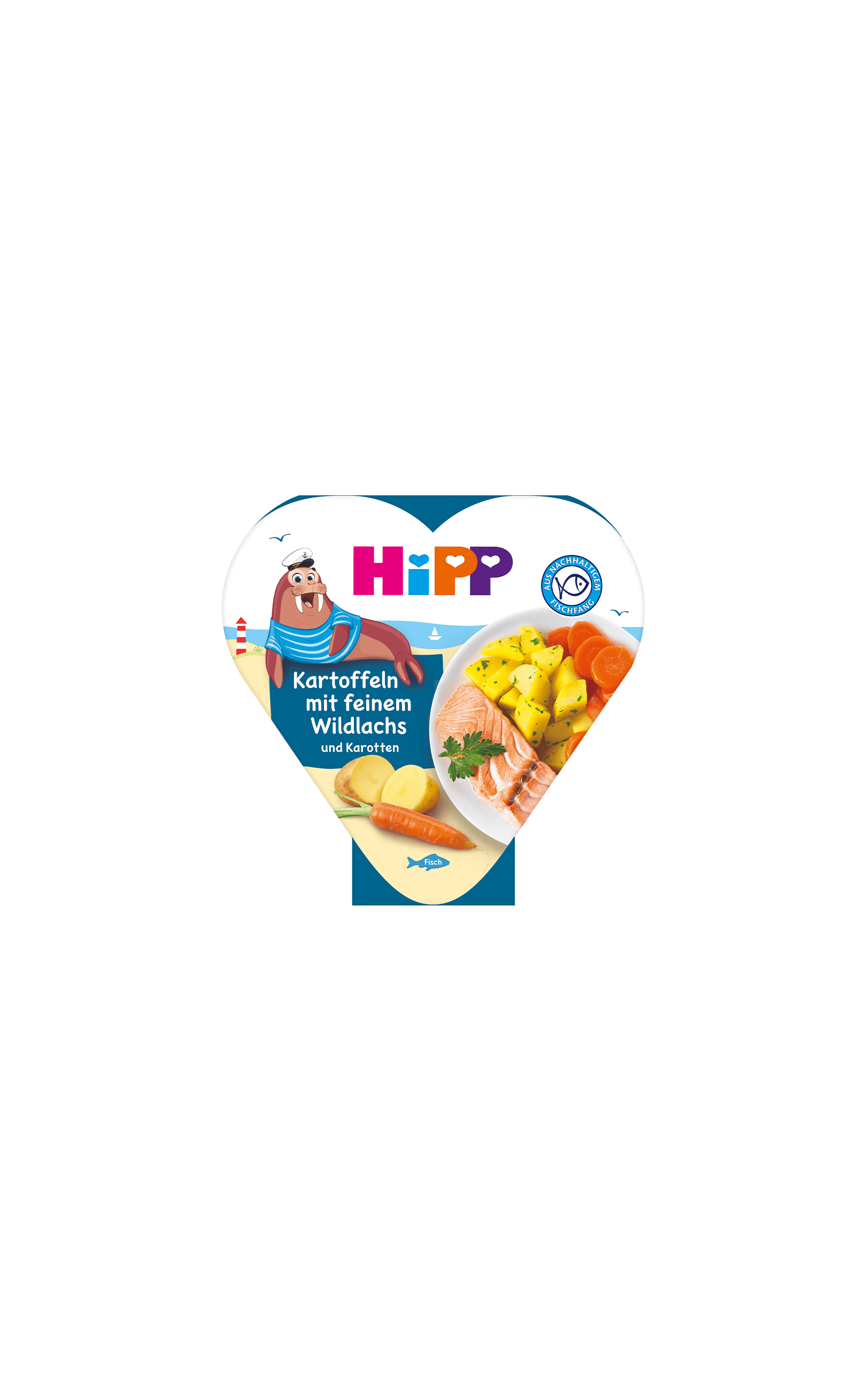 HiPP Bio Babymahlzeit „Kartoffeln mit feinem Wildlachs und Karotten“ in Herzchen-Schale mit Serviervorschlag auf der Verpackung