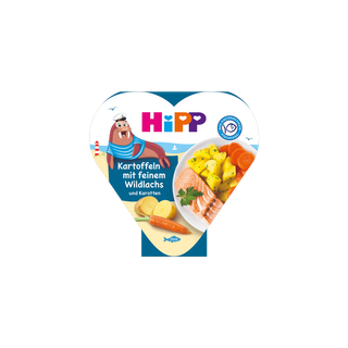 HiPP Bio Babymahlzeit „Kartoffeln mit feinem Wildlachs und Karotten“ in Herzchen-Schale mit Serviervorschlag auf der Verpackung