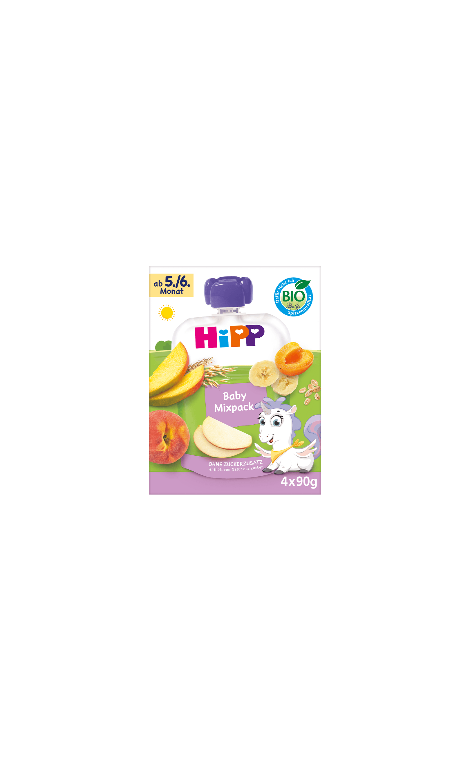 HiPP Bio Baby-Quetschbeutel Mixpack Packung mit Fruchtmotiven, Einhorn-Illustration und Hinweis ab dem 5./6. Monat, 4×90g