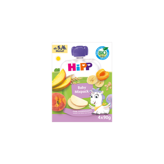 HiPP Bio Baby-Quetschbeutel Mixpack Packung mit Fruchtmotiven, Einhorn-Illustration und Hinweis ab dem 5./6. Monat, 4×90g