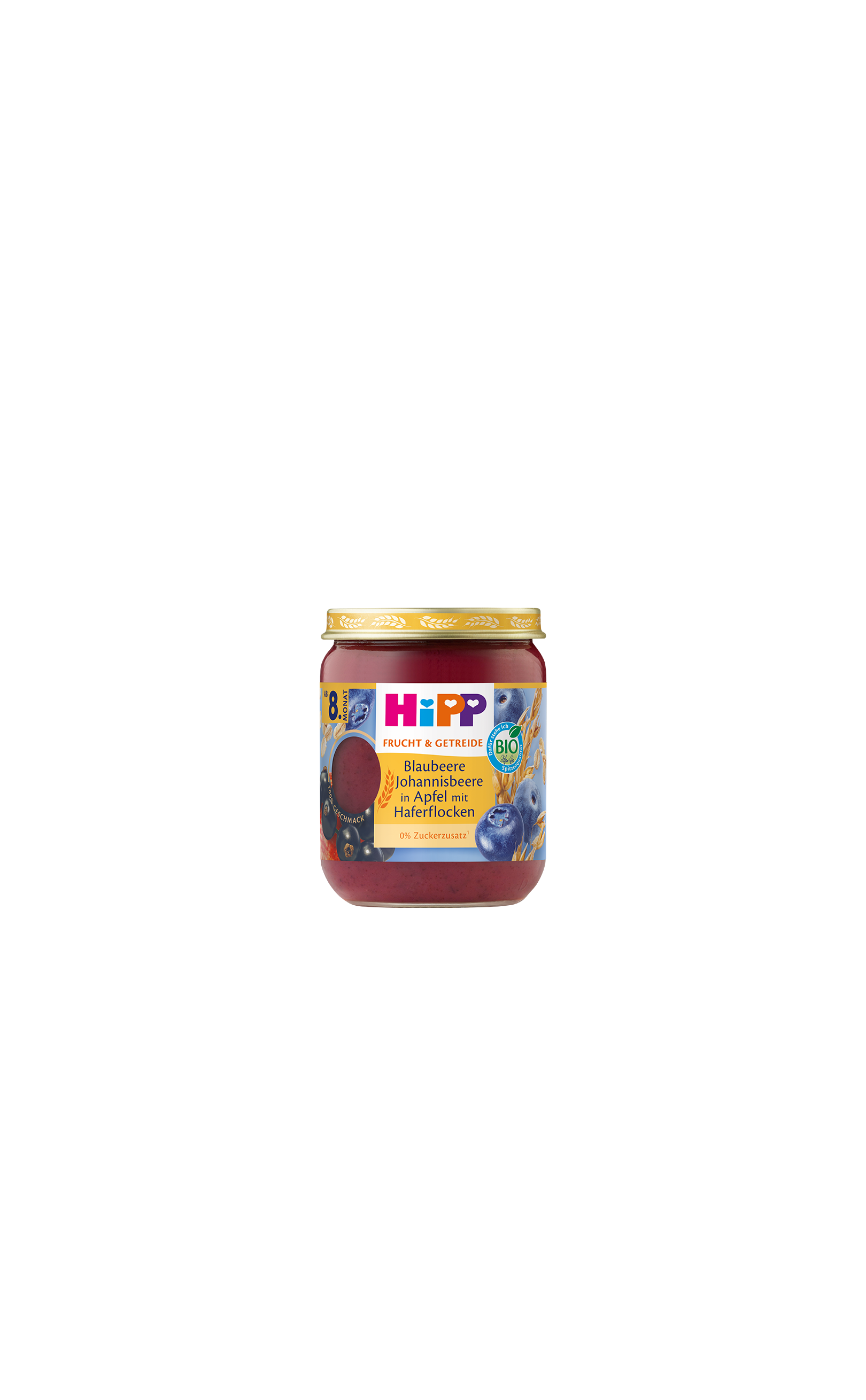 HiPP Bio-Gläschen Blaubeere Johannisbeere in Apfel mit Haferflocken, Frucht-Getreide-Brei ab 8. Monat vor schwarzem Hintergrund