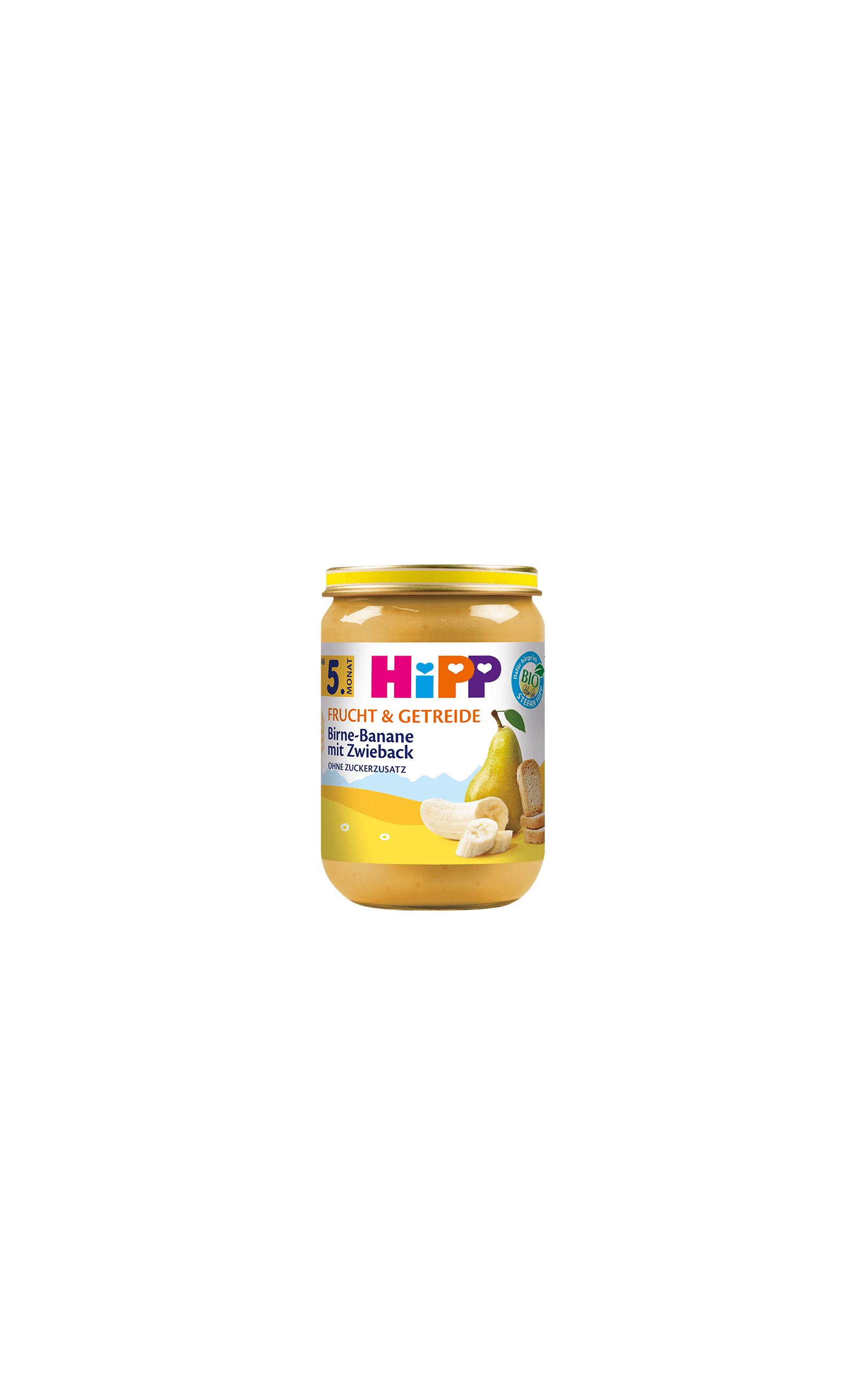HiPP Bio-Gläschen Birne-Banane mit Zwieback, Frucht & Getreide ab 5. Monat vor schwarzem Hintergrund
