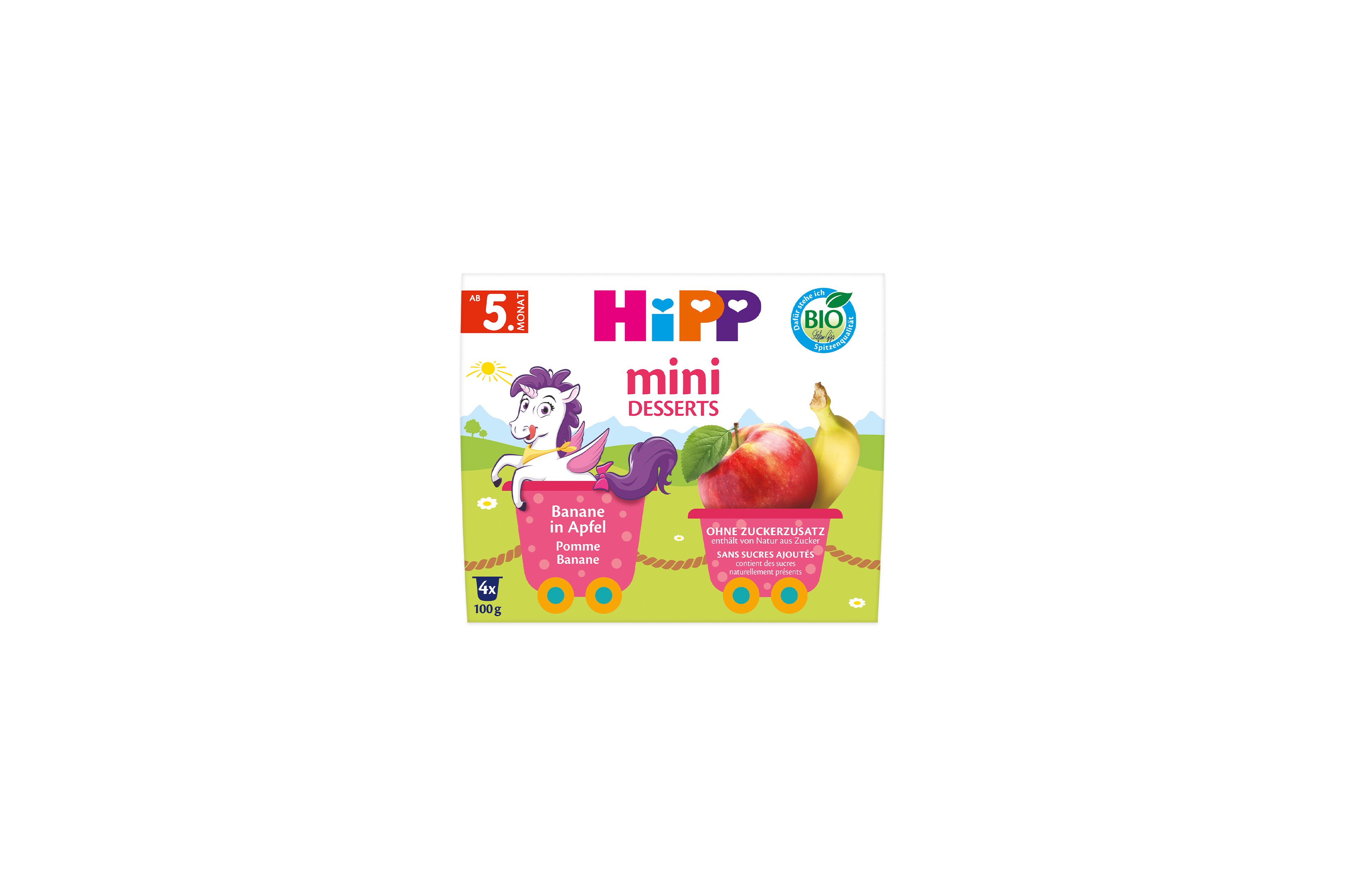 HiPP Mini Desserts Banane in Apfel, Bio-Fruchtbecher ab dem 5. Monat ohne Zuckerzusatz, 4×100 g Packung