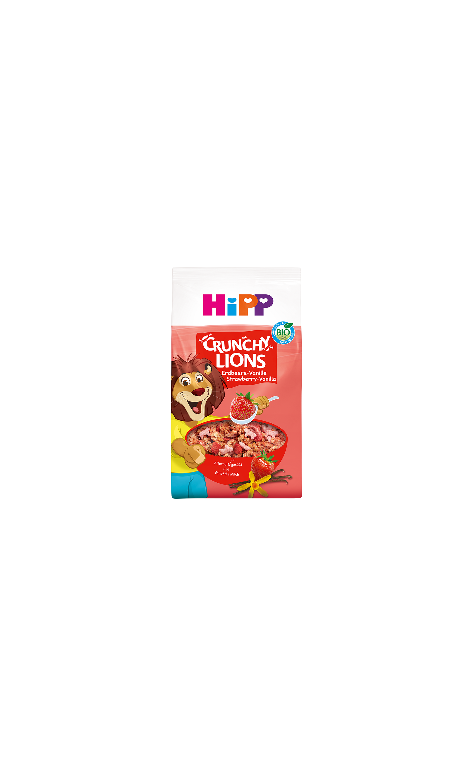 HiPP Crunchy Lions Erdbeere-Vanille Bio-Kinder-Müsli-Packung mit roter Schale und fröhlichem Löwenmaskottchen