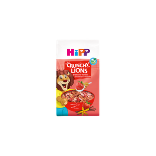 HiPP Crunchy Lions Erdbeere-Vanille Bio-Kinder-Müsli-Packung mit roter Schale und fröhlichem Löwenmaskottchen