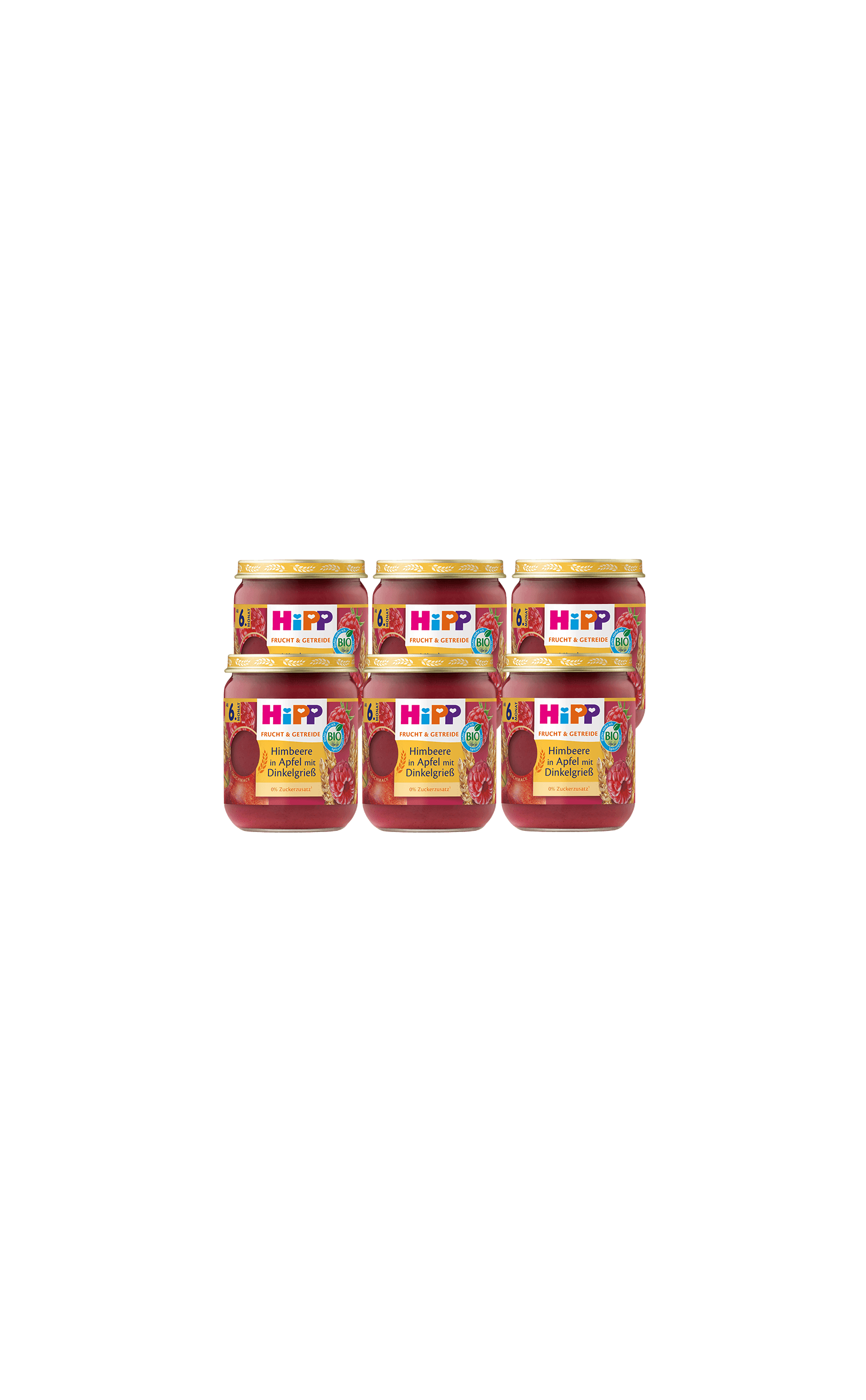 Sechserpack HiPP Bio Babygläschen Himbeere in Apfel mit Dinkelgrieß, 6×160 g, vor schwarzem Hintergrund angeordnet