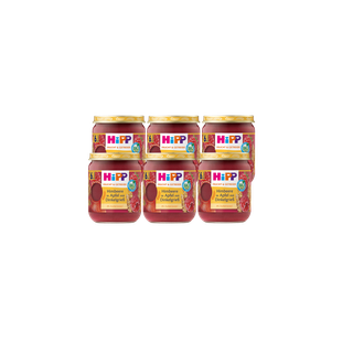 Sechserpack HiPP Bio Babygläschen Himbeere in Apfel mit Dinkelgrieß, 6×160 g, vor schwarzem Hintergrund angeordnet