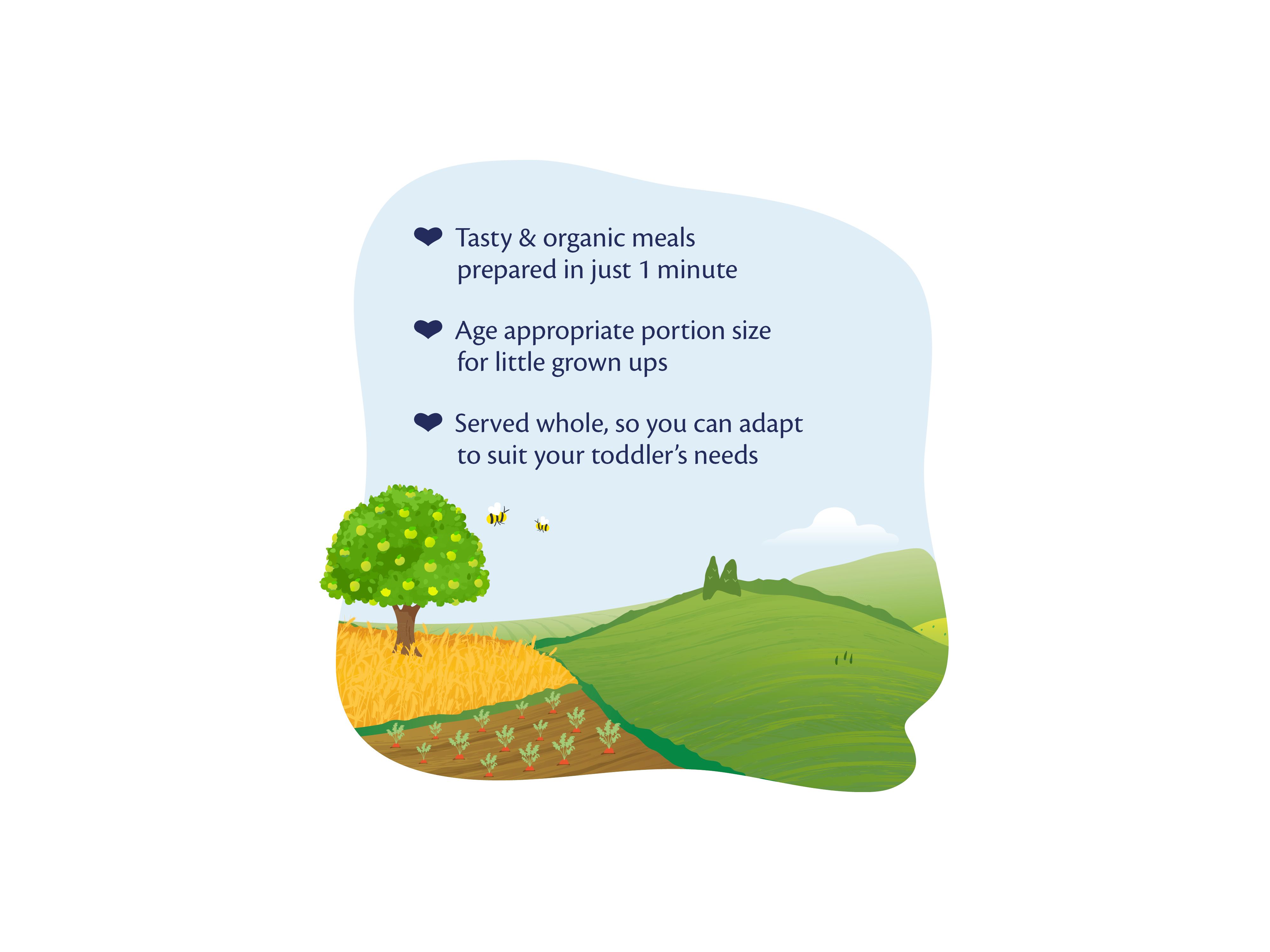 Illustrated countryside scene with text highlighting organic toddler tray meals, quick prep, and age-appropriate whole cannelloni portions