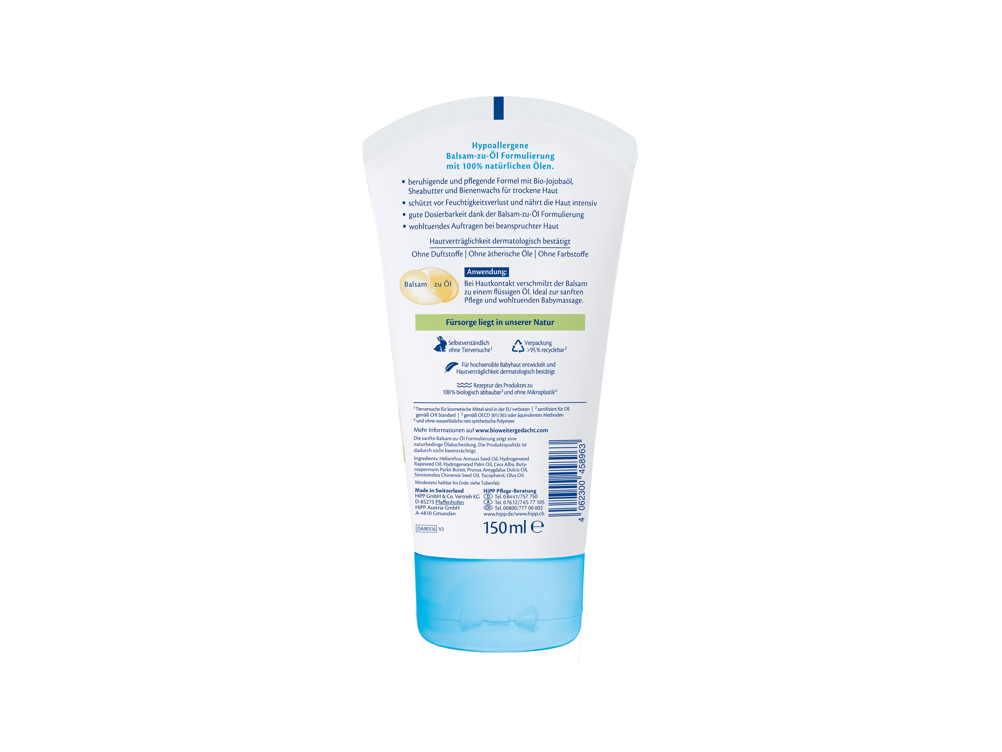 Rückseite einer weißen Tube mit blauem Verschluss und Textinformationen zu einem hypoallergenen Ölbalsam mit 150 ml Inhalt