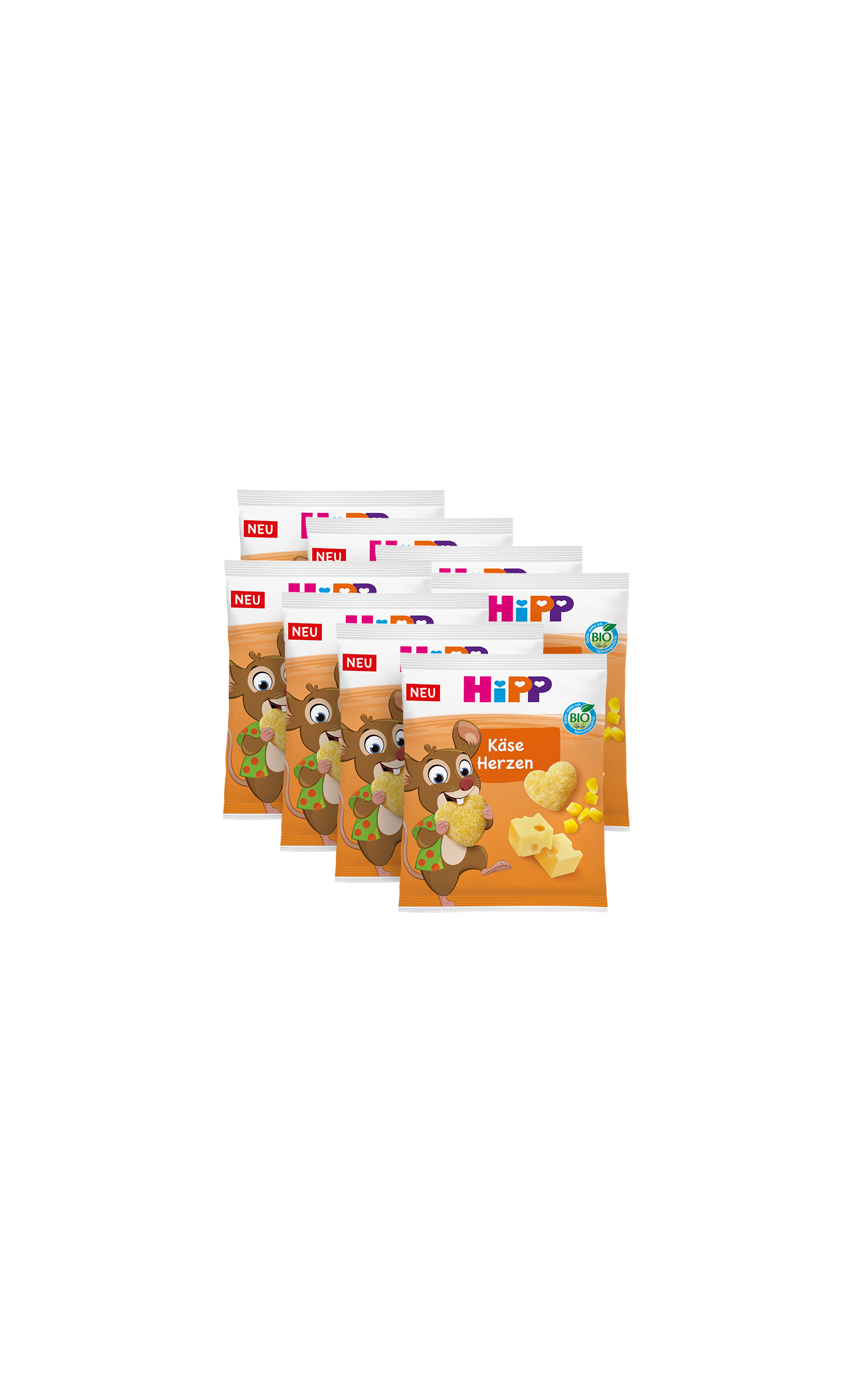 Acht Packungen HiPP Bio Käse Herzen à 25 g mit Mausmotiv
