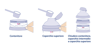 Tre illustrazioni mostrano come aprire un vasetto con un misurino e come inserire un ciuccio sul vasetto.