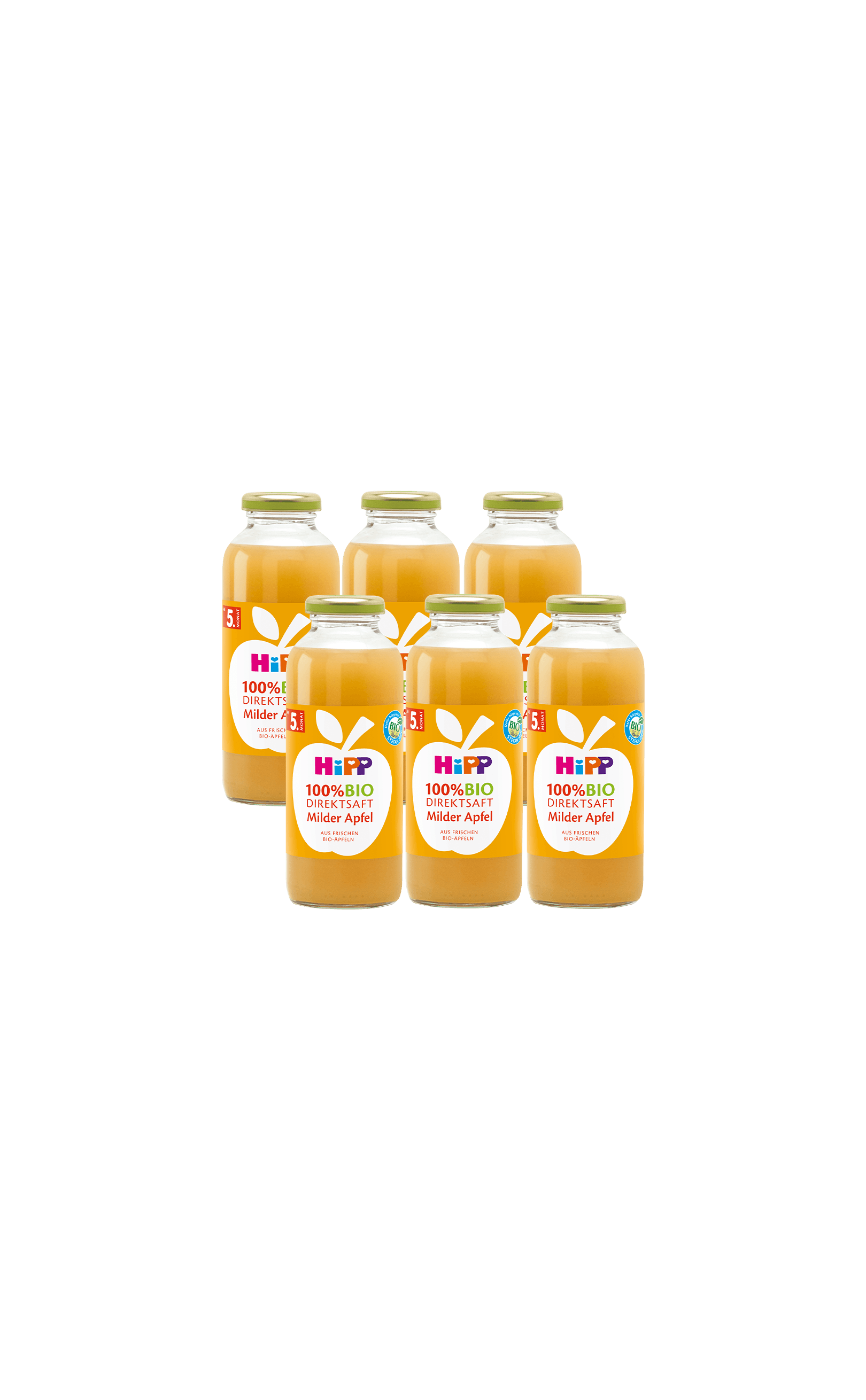 Sechserpack HiPP 100% Bio Direktsaft Milder Apfel in 330-ml-Glasflaschen für schonende Kinder-Erfrischung