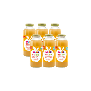 Sechserpack HiPP 100% Bio Direktsaft Milder Apfel in 330-ml-Glasflaschen für schonende Kinder-Erfrischung