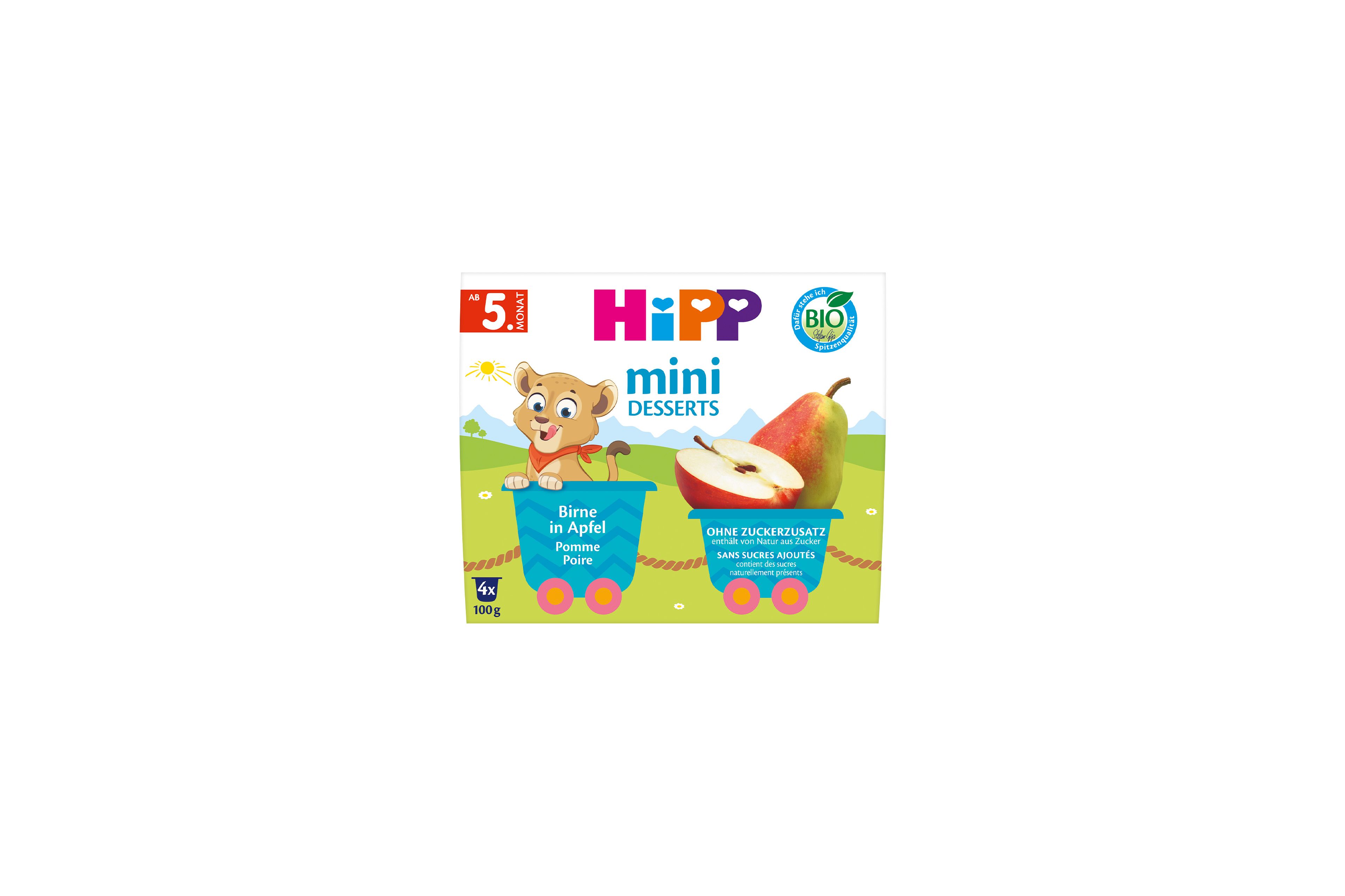 HiPP Bio Mini Desserts Birne in Apfel, 4x100g Becher ab dem 5. Monat, Packung mit Birne- und Apfelmotiv ohne Zuckerzusatz