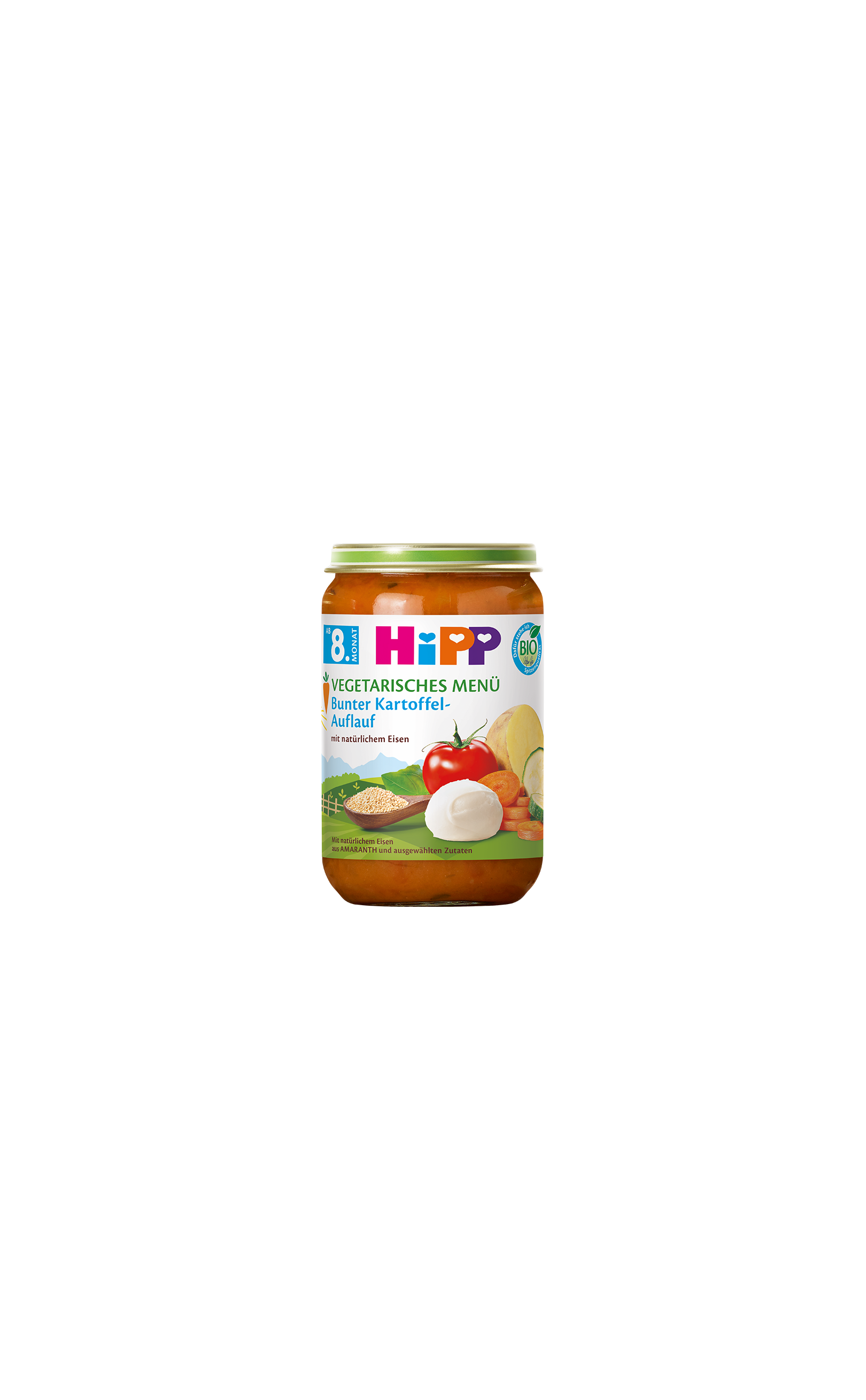 HiPP Bio Vegetarisches Menü Bunter Kartoffel-Auflauf im Glas für Babys ab dem 8. Monat auf weißem Hintergrund