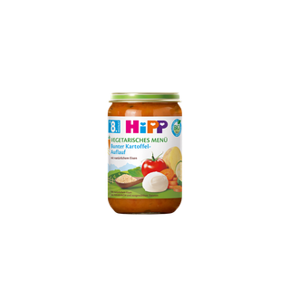 HiPP Bio Vegetarisches Menü Bunter Kartoffel-Auflauf im Glas für Babys ab dem 8. Monat auf weißem Hintergrund