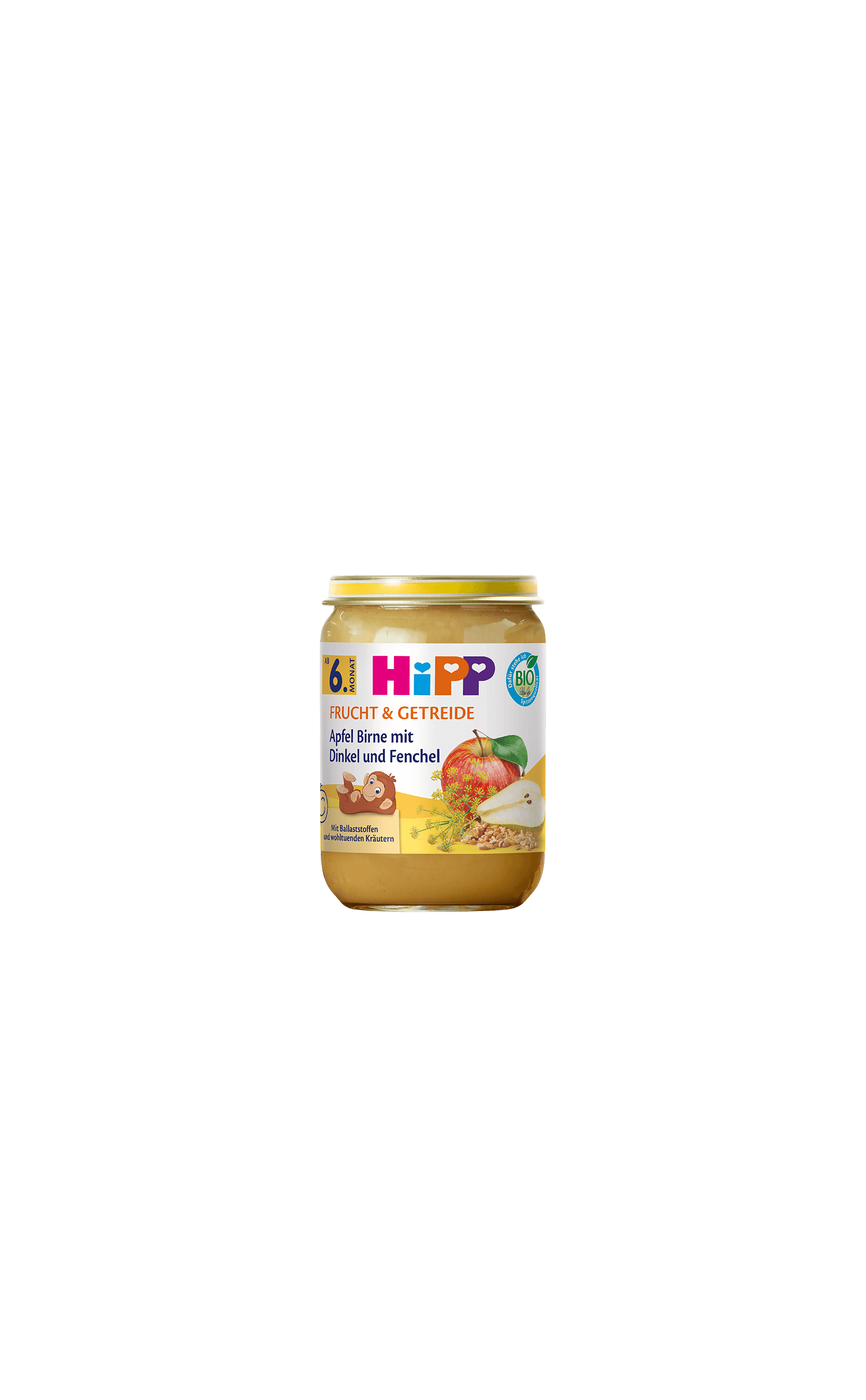 HiPP Bio-Gläschen Apfel Birne mit Dinkel und Fenchel aus der Reihe Frucht & Getreide für Babys ab dem 6. Monat