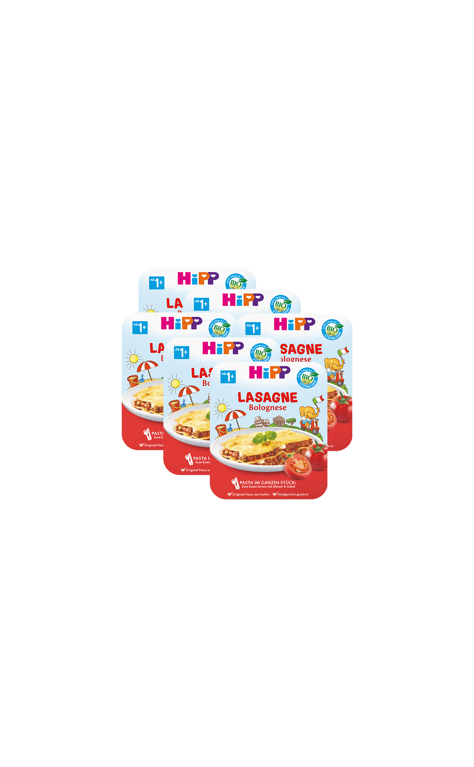 6er-Pack HiPP Bio Lasagne Bolognese für Kleinkinder ab 1 Jahr, vorne mit servierter Lasagne und Tomatenabbildung