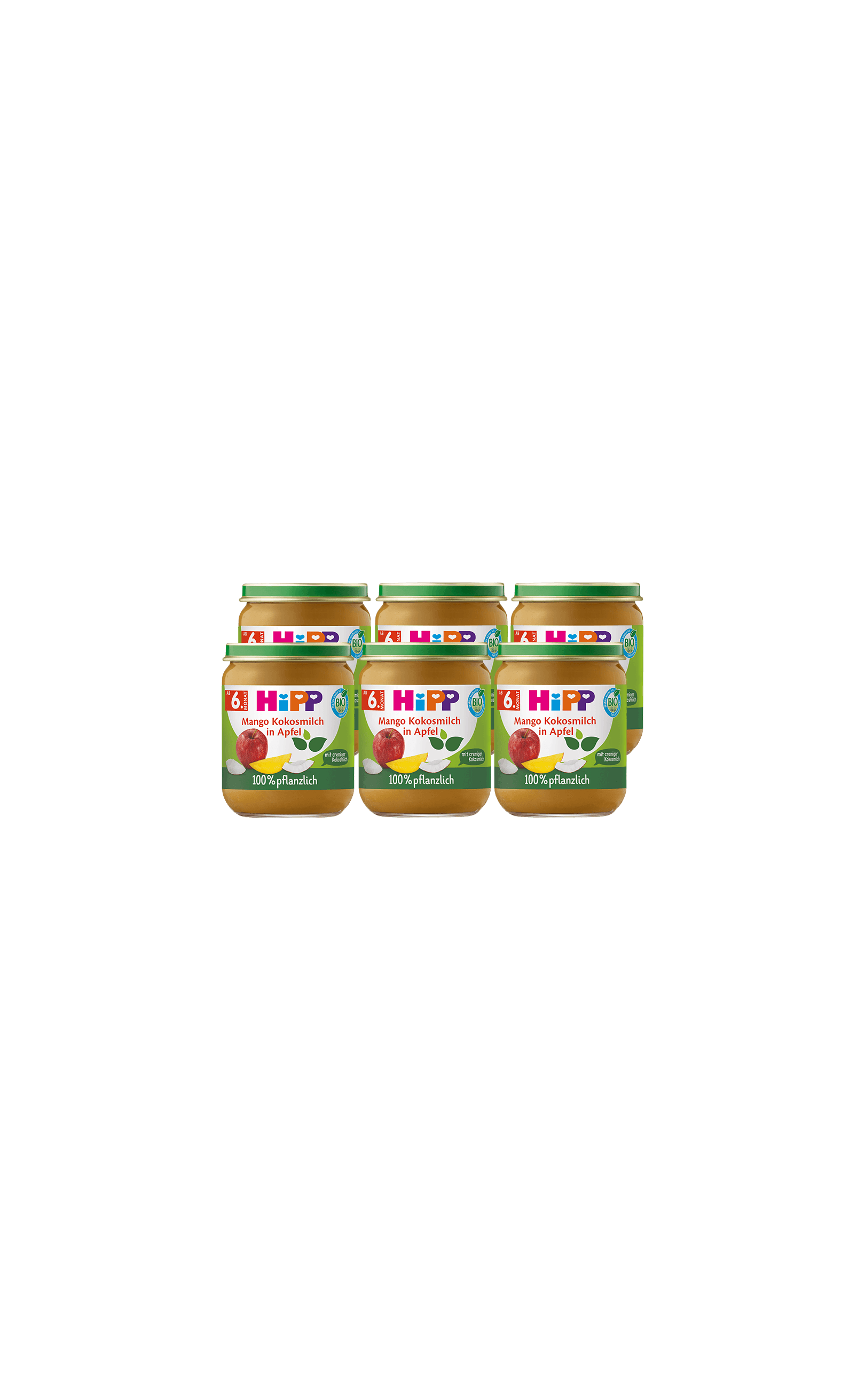 Sechserpack HiPP Bio-Gläschen Mango Kokosmilch in Apfel, 6×160g, 100 % pflanzlich für Babys