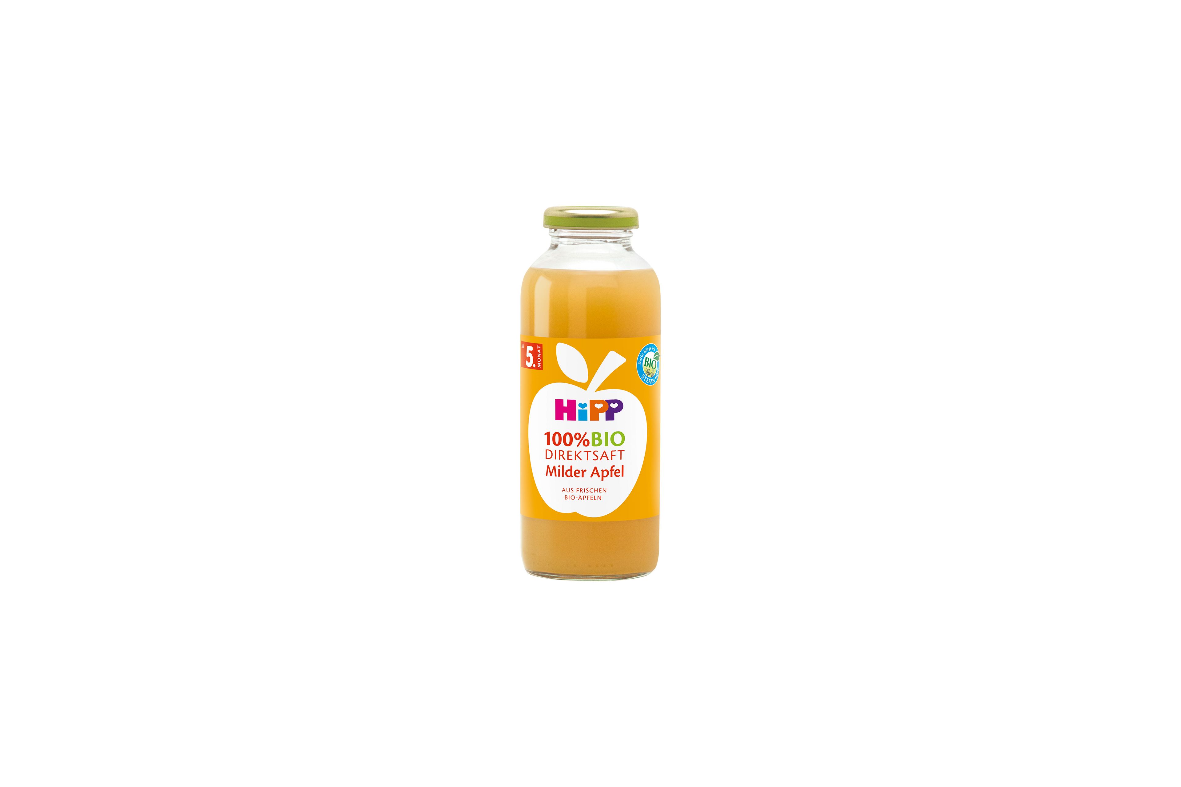 Flasche HiPP 100% Bio Direktsaft Milder Apfel für Babys, frontal vor weißem Hintergrund