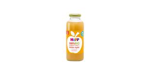 Flasche HiPP 100% Bio Direktsaft Milder Apfel für Babys, frontal vor weißem Hintergrund