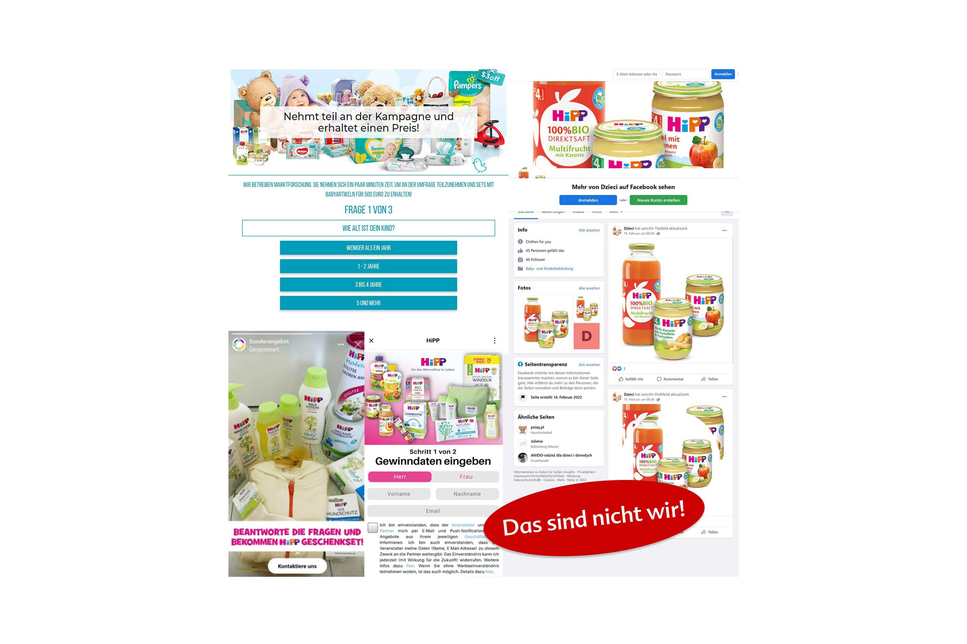 Collage aus Screenshots von Online-Gewinnspielangeboten mit Babynahrung und rotem Sprechblasenhinweis 'Das sind nicht wir!'
