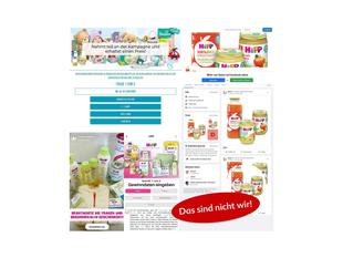 Collage aus Screenshots von Online-Gewinnspielangeboten mit Babynahrung und rotem Sprechblasenhinweis 'Das sind nicht wir!'