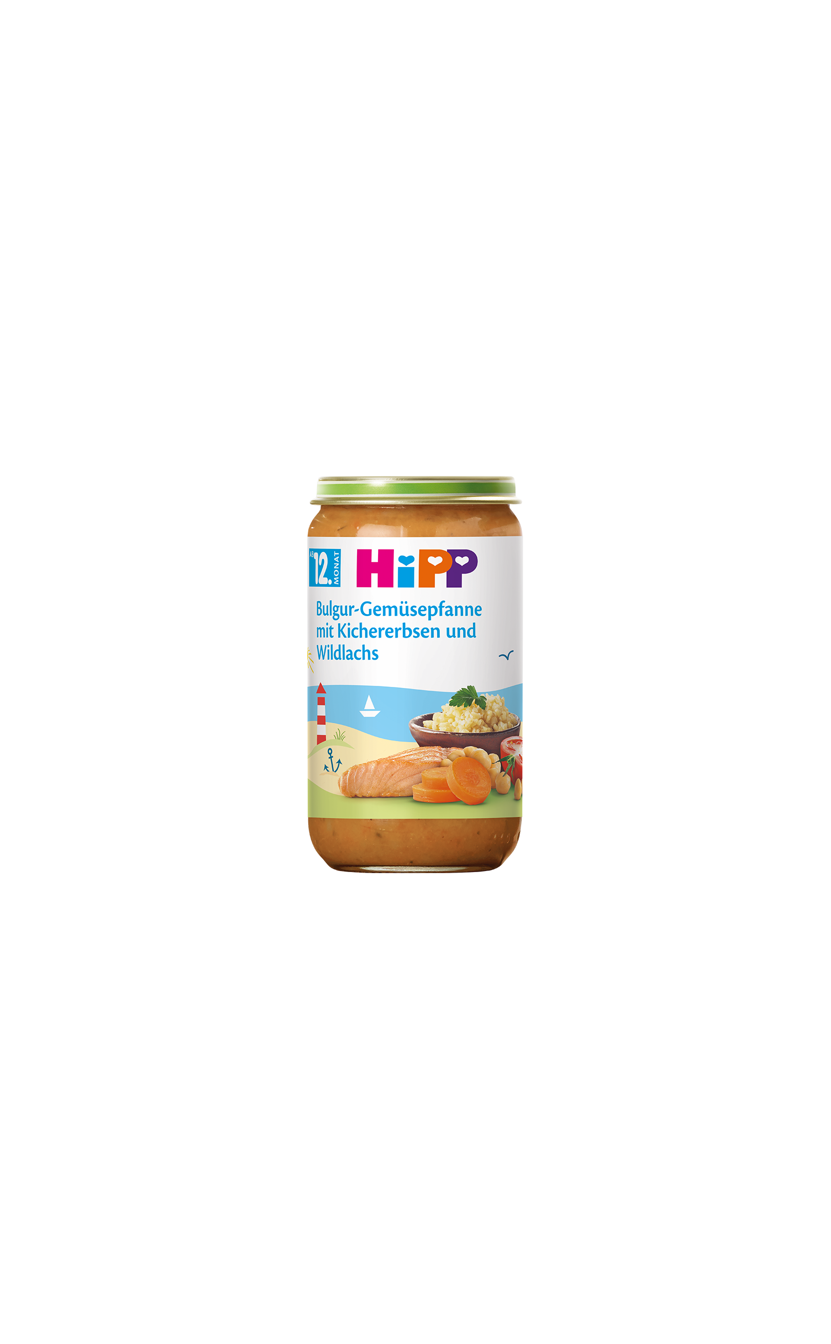 HiPP Gläschen Bulgur-Gemüsepfanne mit Kichererbsen und Wildlachs, ab dem 12. Monat