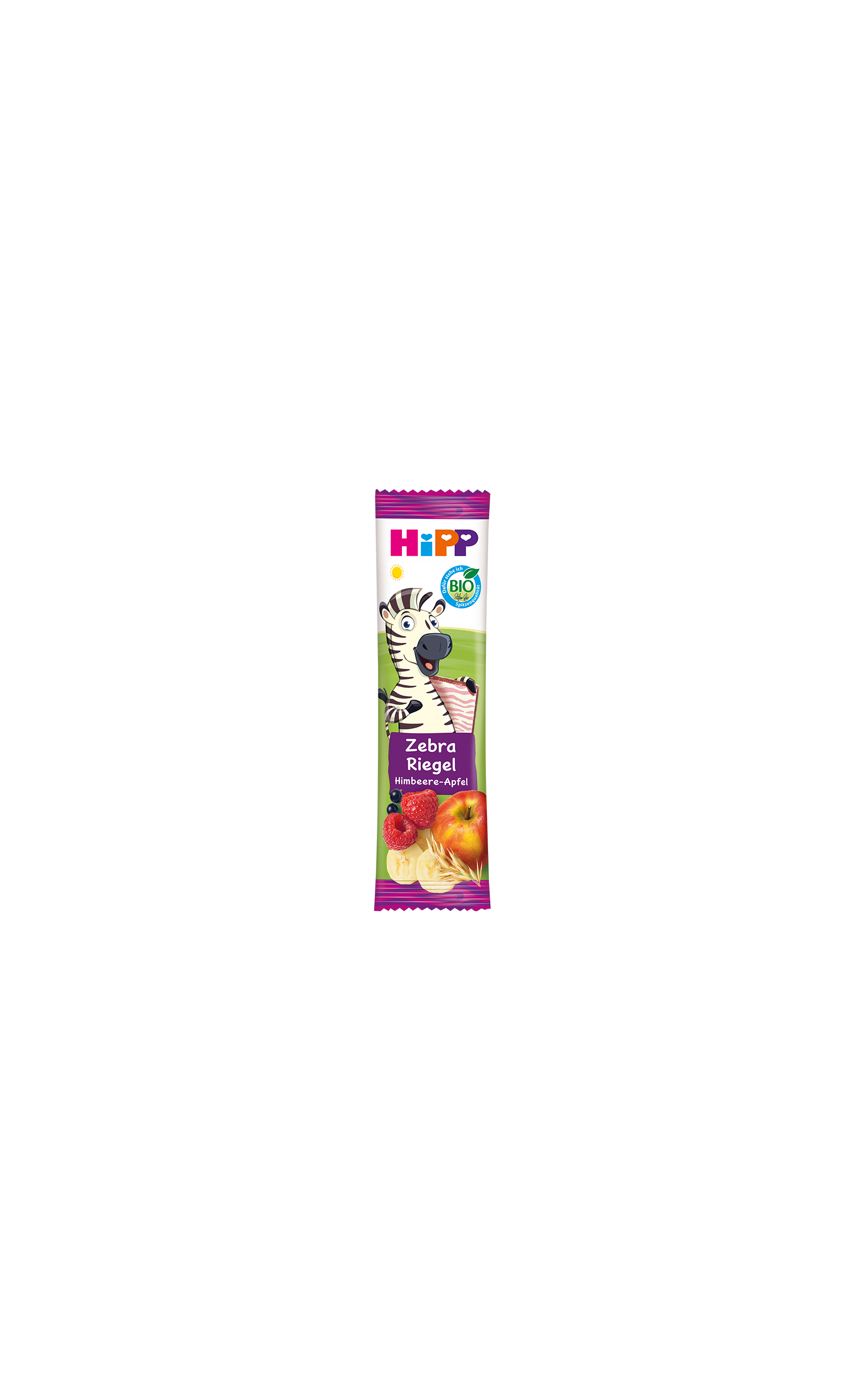 HiPP Zebra Früchte Riegel Himbeere in Banane-Apfel in bunter Kinderverpackung mit Zebra-Illustration und Bio-Siegel