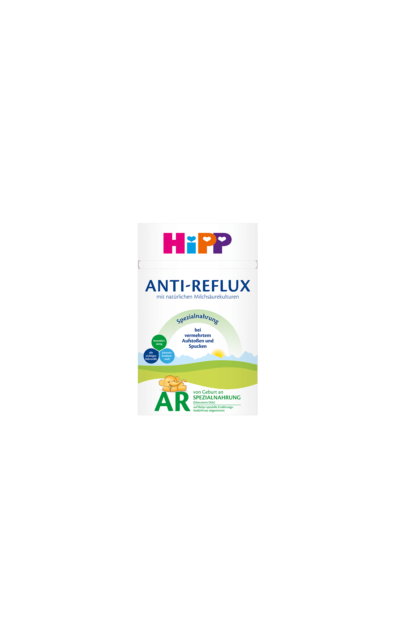 HiPP Anti-Reflux Spezialnahrung 1x600g Packung mit AR Kennzeichnung und Baby-Illustration auf weiß-grünem Hintergrund