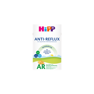 HiPP Anti-Reflux Spezialnahrung 1x600g Packung mit AR Kennzeichnung und Baby-Illustration auf weiß-grünem Hintergrund