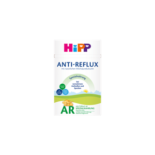 HiPP Anti-Reflux Spezialnahrung Packung mit AR Kennzeichnung und Babyillustration auf weißem Hintergrund