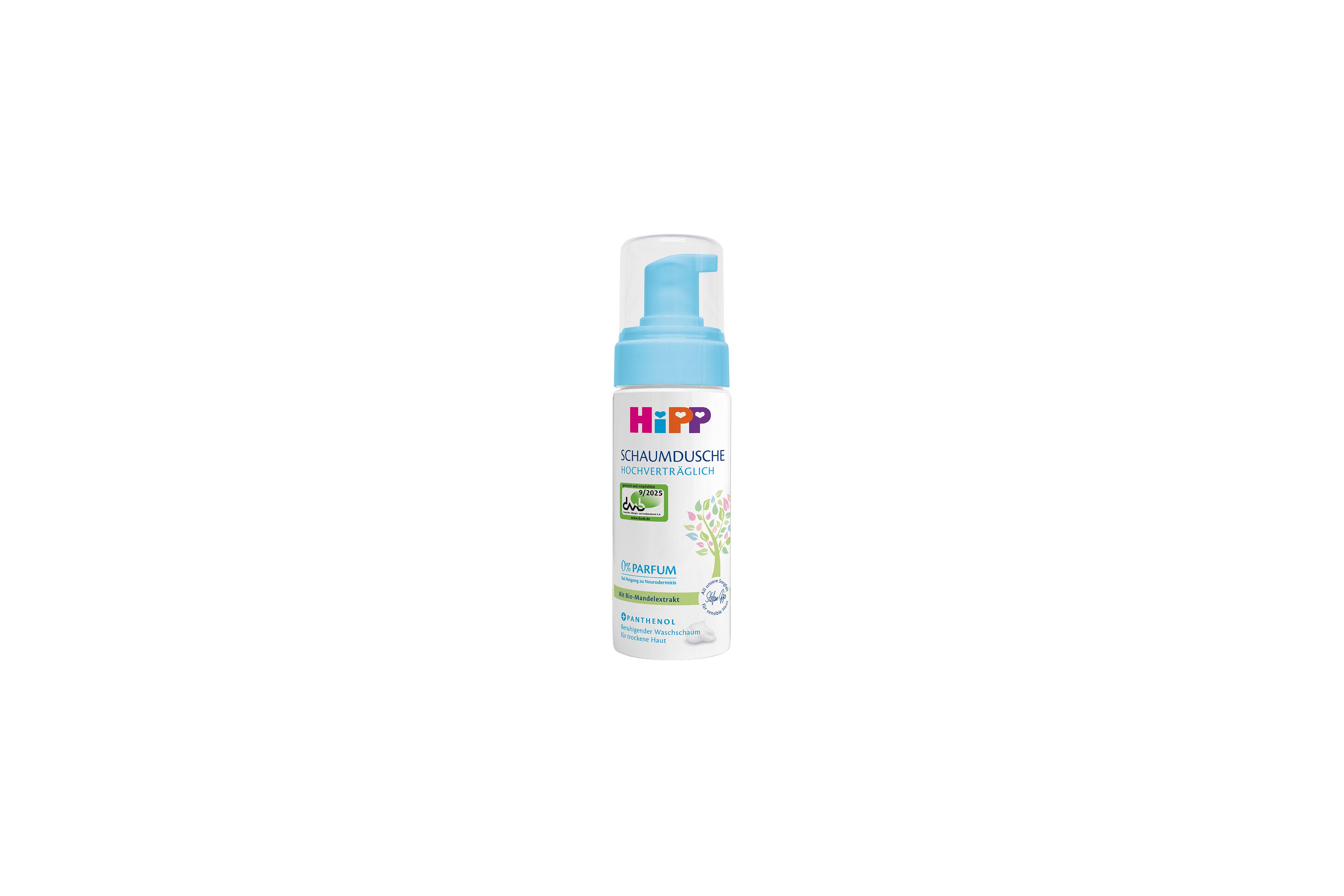 HiPP Schaumdusche hochverträglich Flasche mit Pumpspender für parfümfreie, beruhigende Pflege sensibler, trockener Haut
