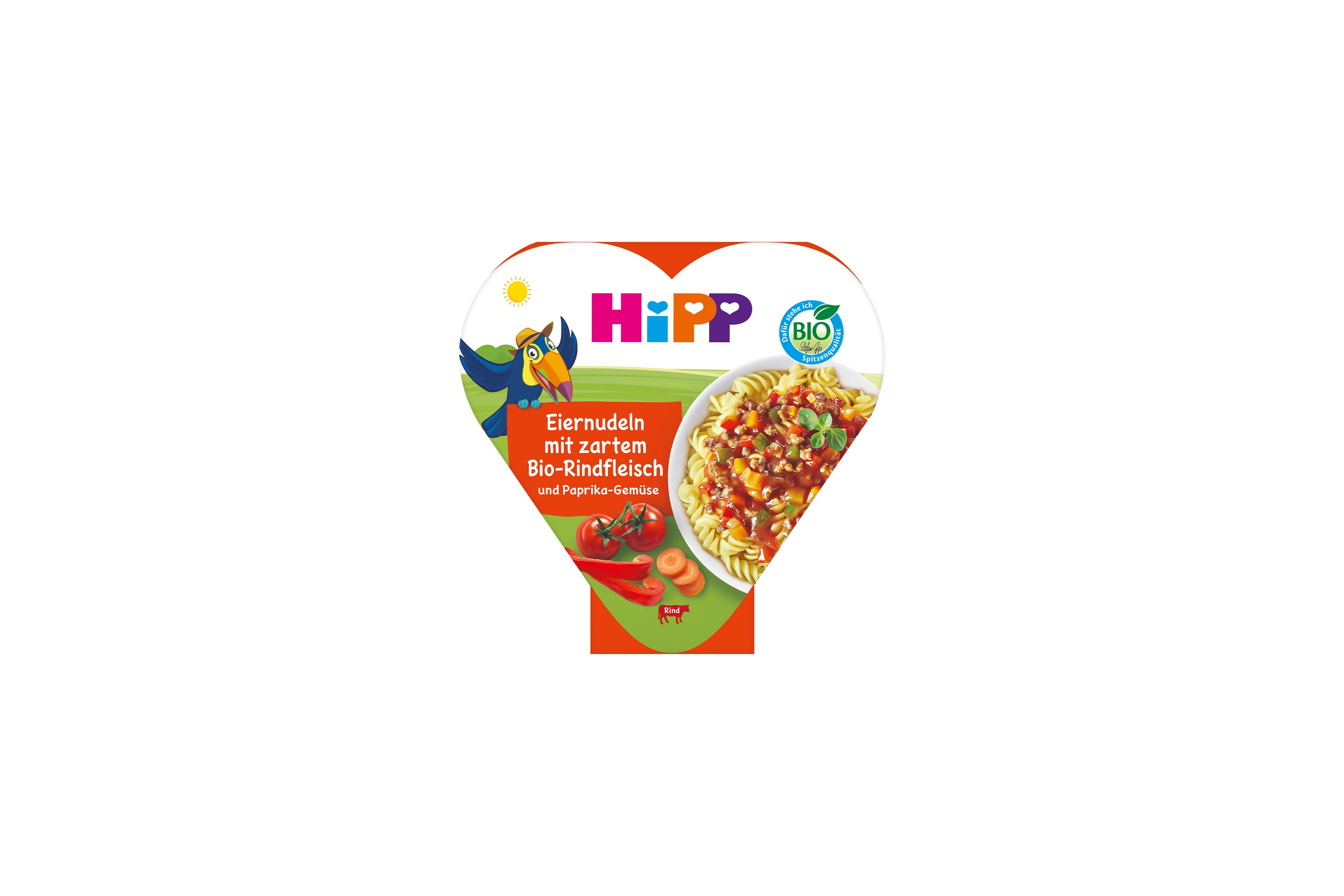 HiPP Herzchen-Schale Eiernudeln mit zartem Bio-Rindfleisch und Paprika-Gemüse, bebildert mit bunter Tierfigur und Gemüsemotiven