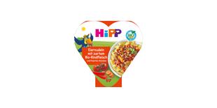 HiPP Herzchen-Schale Eiernudeln mit zartem Bio-Rindfleisch und Paprika-Gemüse, bebildert mit bunter Tierfigur und Gemüsemotiven