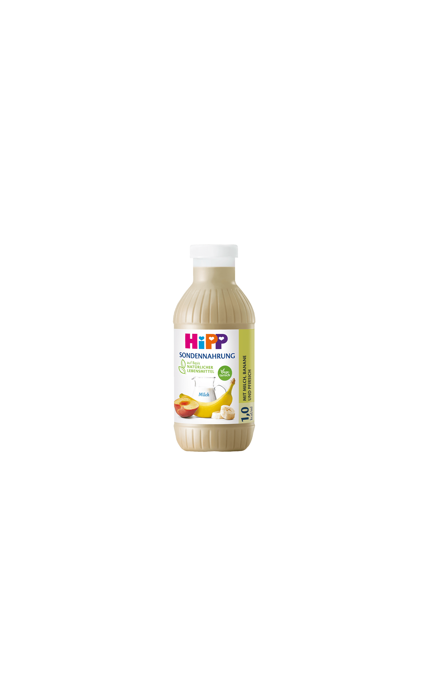 HiPP Sondennahrung 1,0 kcal/ml in Flasche mit Milch-, Bananen- und Pfirsichmotiv auf weißem Hintergrund