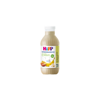 HiPP Sondennahrung 1,0 kcal/ml in Flasche mit Milch-, Bananen- und Pfirsichmotiv auf weißem Hintergrund