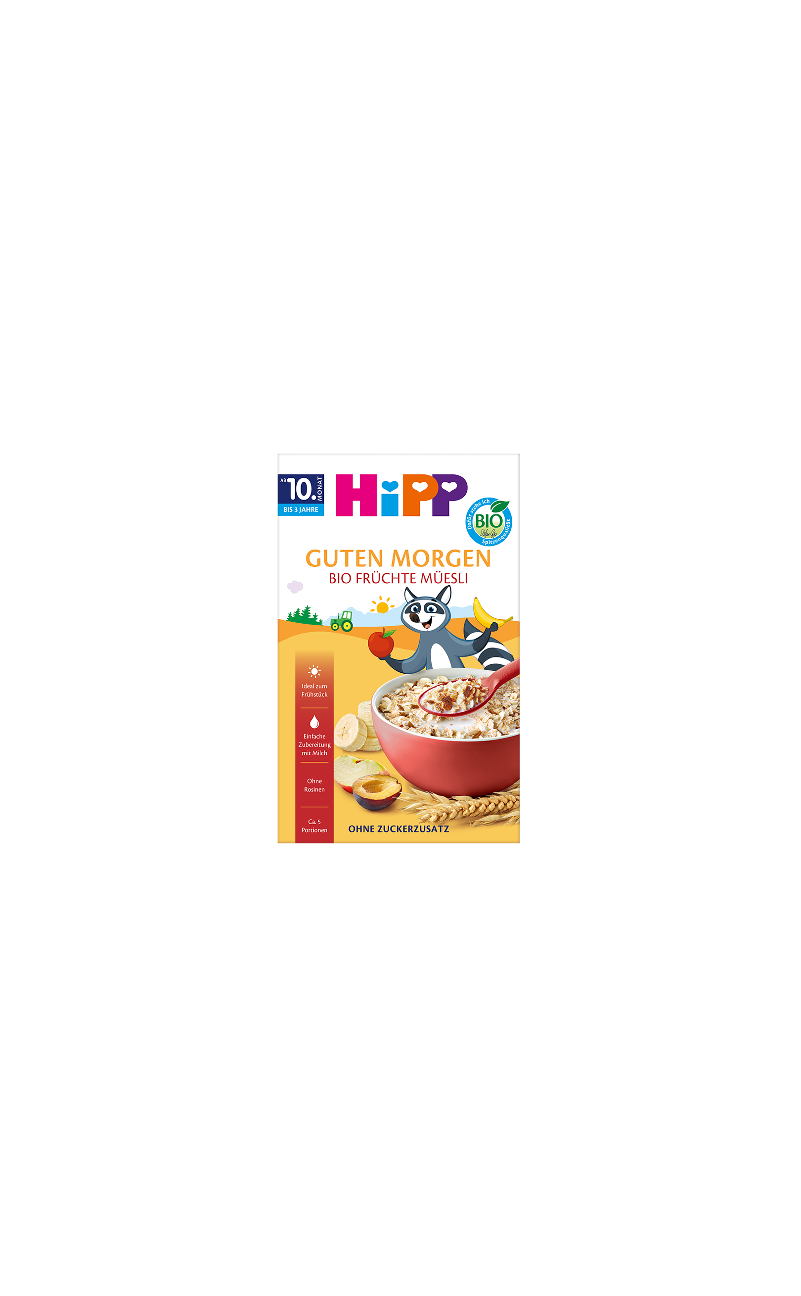 HiPP Guten Morgen Bio Früchte-Müesli Packung mit roter Müslischale, Obststücken und fröhlichem Waschbär-Maskottchen