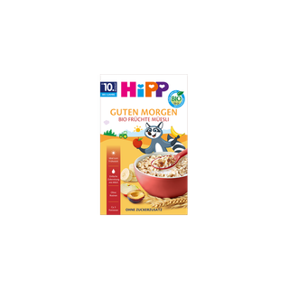 HiPP Guten Morgen Bio Früchte-Müesli Packung mit roter Müslischale, Obststücken und fröhlichem Waschbär-Maskottchen