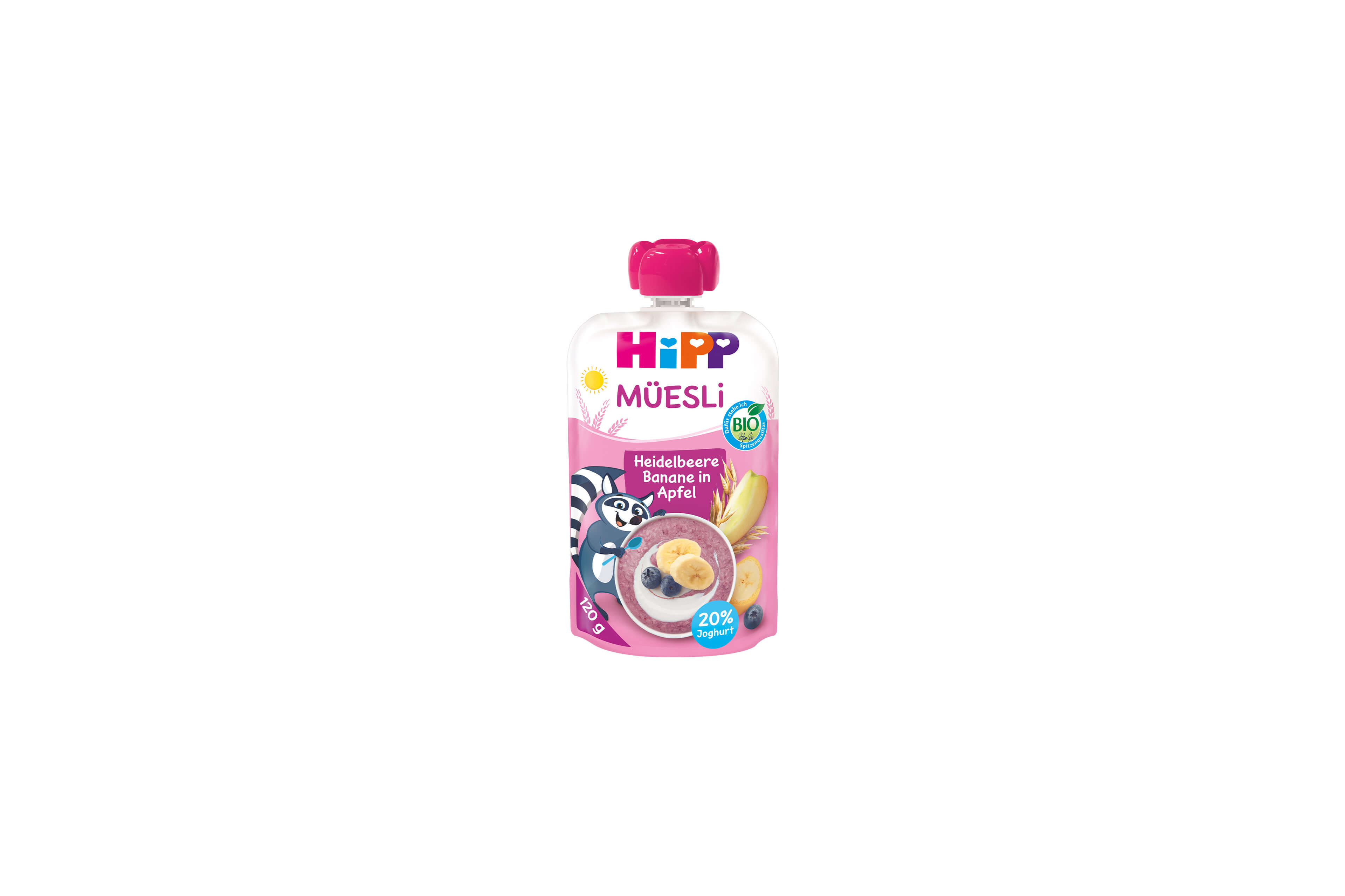HiPP Bio Müesli Quetschbeutel Heidelbeere Banane in Apfel mit Joghurt, 120 g, auf weißem Hintergrund