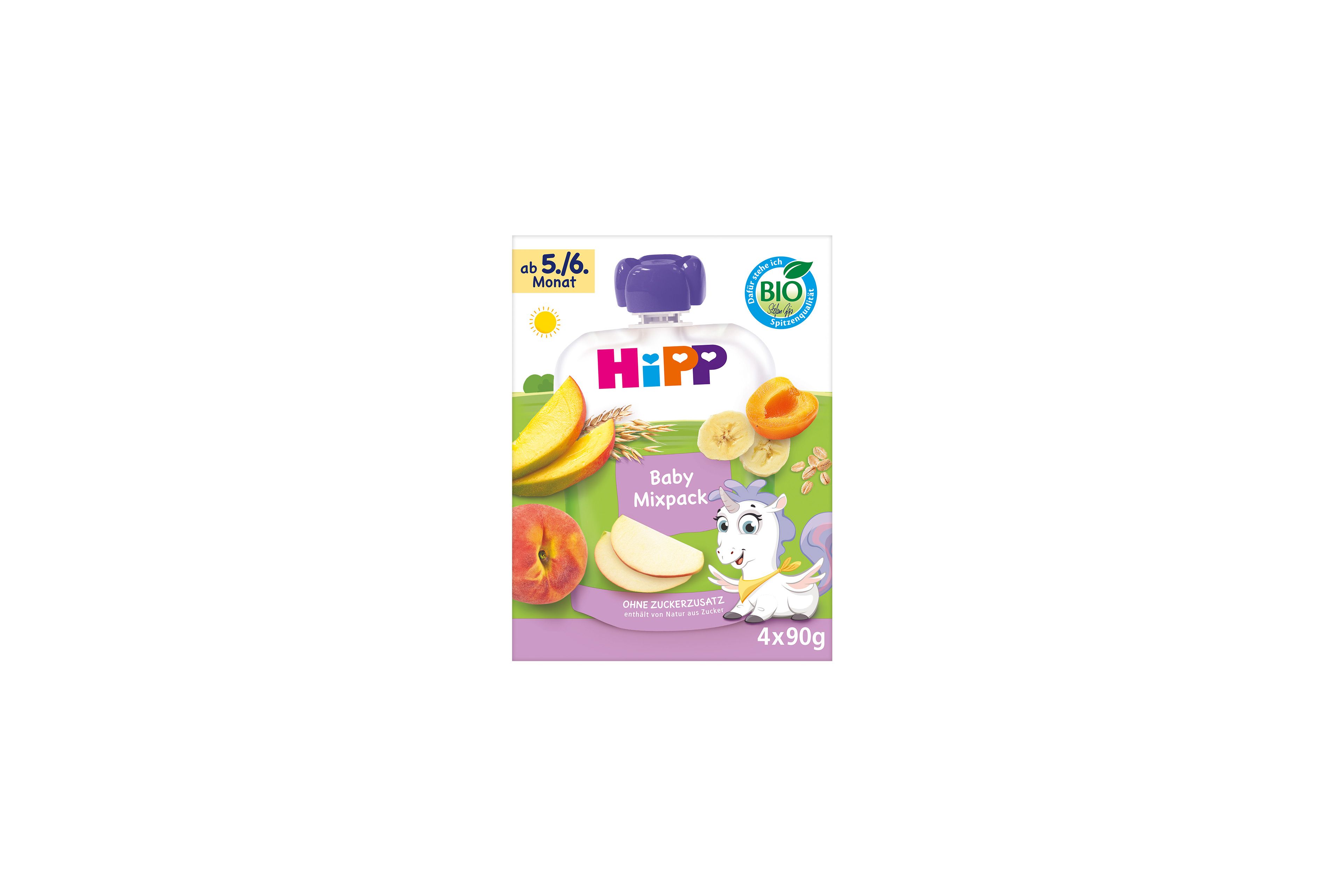 HiPP Bio Baby-Quetschbeutel Mixpack Packung mit Fruchtmotiven, Einhorn-Illustration und Hinweis ab dem 5./6. Monat, 4×90g