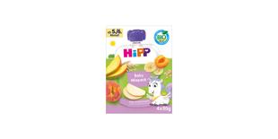 HiPP Bio Baby-Quetschbeutel Mixpack Packung mit Fruchtmotiven, Einhorn-Illustration und Hinweis ab dem 5./6. Monat, 4×90g