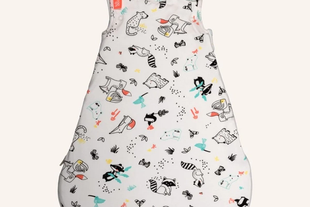 White baby sleeping bag with colourful animal and nature print, shown as part of an exclusive Folk & Thread discount offer