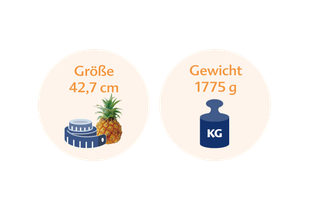Eine Ananas neben einer blauen Waage mit den Maßen 42,7 cm bzw. 1775 g.