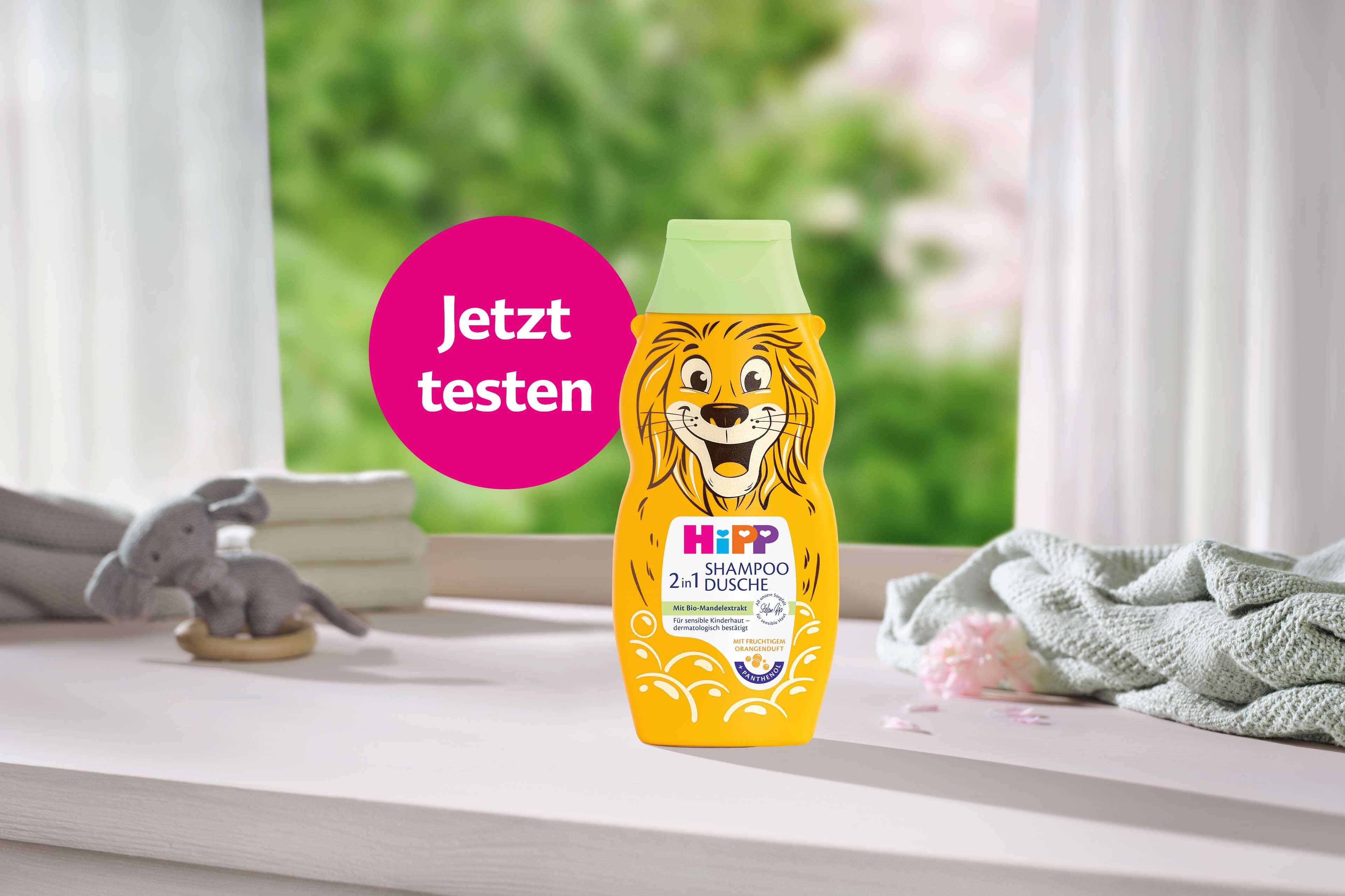 HiPP 2in1 Shampoo & Dusche der Tieredition mit Löwenmotiv und dem Hinweis „Jetzt testen“